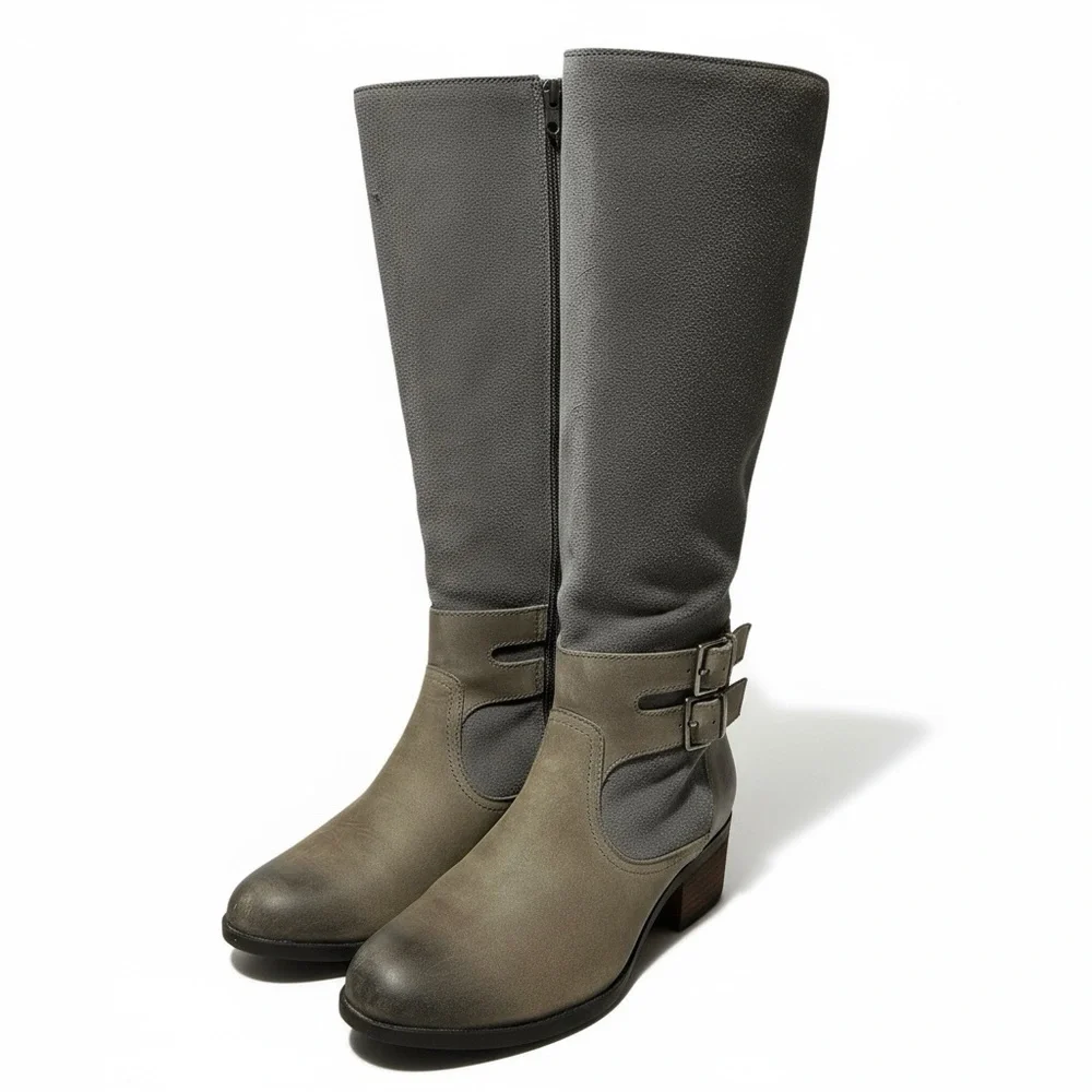 Sorel Lolla II Tall Quarry Gray Suede Knee High Double Buckle Zip Up Heel Boots